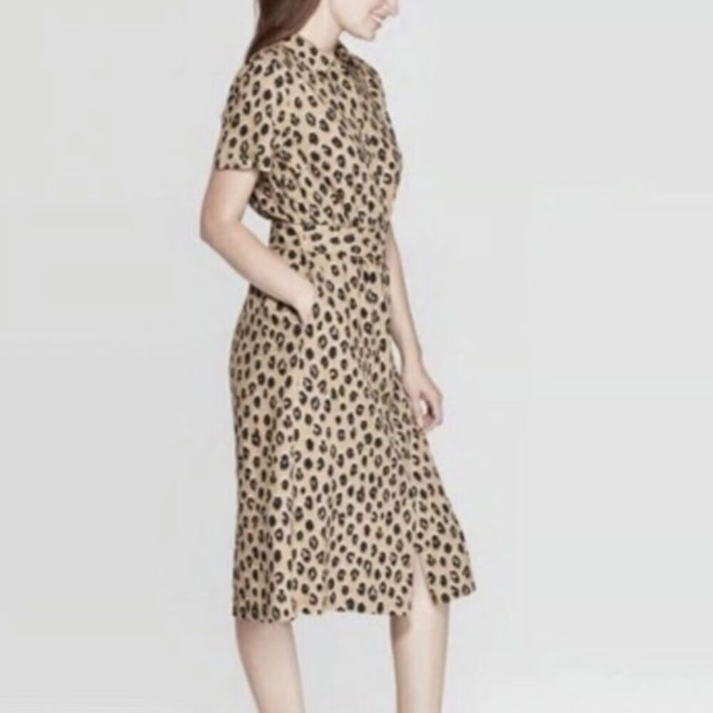 A New Day Women's XS Cheetah Print Belted Midi Shirt Dress Brown Leopard Satin - Picture 2 of 7